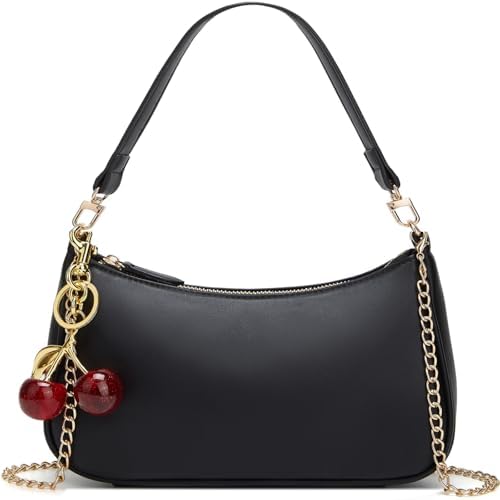 MOPOVO Black Shoulder Bag for Women Cute Hobo Cherry Purse Retro Clutch Underarm Handbag with Removable Straps