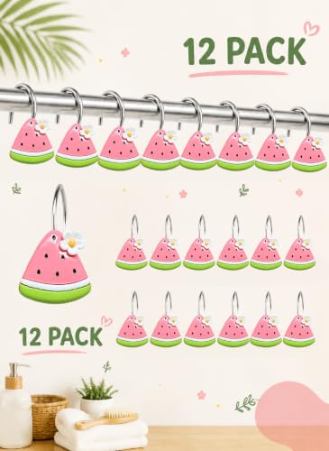 Image of Watermelon Shower Curtain Hooks 12 Pack Resin Cute Bathroom Hooks | Cute watermelon design resin shower curtain hooks, 12 pack, durable, smooth finish, adds fun bathroom decor style