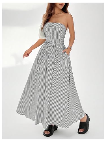 Milumia Women's Striped Strapless Maxi Dress Summer Flared Tube Top Long Dresses with Pocket2