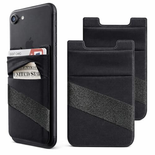 Image of Mizi (2 Pack Adhesive Phone Stretchy Wallet, Card Holder for Back of Phone Stick on Cases, Unique Double Pocket Design + Finger Strap for iPhone /Android /Samsung Galaxy - Black