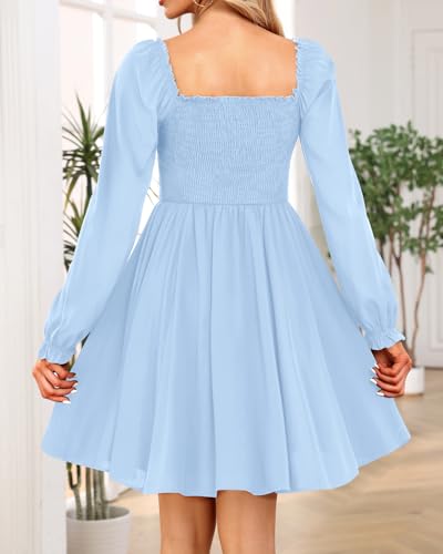 Image of Holipick Women's Casual Square Neck Smocked Dress Shirred Ruffle Puff Sleeve High Waist Cute Flowy A-Line Short Dress