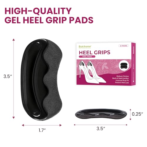 Image of Heel Pads Grips for Women Shoes - Bukihome Self-Adhesive Heel Cushion Inserts Prevent Slipping, Rubbing, Blisters, Foot Pain, Improve Shoe Fit - Gel Heel Pads for Shoes Too Big (Black,3 Pairs)