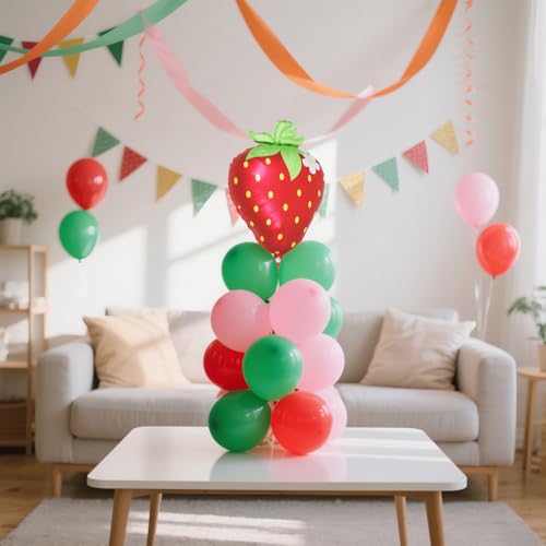 Image of Lovely Matt Hot Red Sweet Strawberry Balloons, Picnic Theme Cartoon Fruit Berry Foil Mylar Balloon For Baby Shower Wedding Valentine's Day Gender Reveal Birthday Party Decoration Supplies
