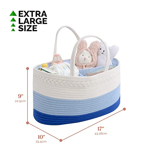 Image of luxury little Diaper Caddy Organizer, Large Cotton Rope Nursery Baby Basket, Changing Table Organizer for Baby Diaper Storage, Portable Car Organizer Removable Divider (Blue, Extra Large)