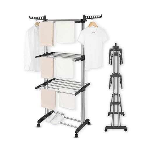 AIBULO 3-Tier Clothes Drying Rack Indoor Outdoor – Foldable Heavy Duty Clothes Airer with Side Wings | Black Adjustable Clothes Horse | Space-Saving Clothes Maiden Drying Rack Stand | Self Assemble