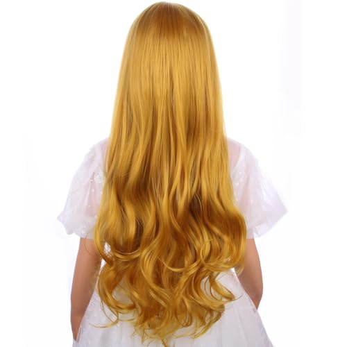 Image of PATTNIUM Gold Blond Wig for Kids Girls Long Wavy Curly Wig Yellow Wigs Synthetic Halloween Party Cosplay Wigs