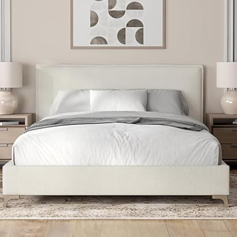 DG Casa Lottie Queen Boucle Flange Edge Bed Frame with Headboard – Queen Size Bed Upholstered Boucle Fabric – Cream Beige with Knife Edge Seams – No Box Spring Required Cover
