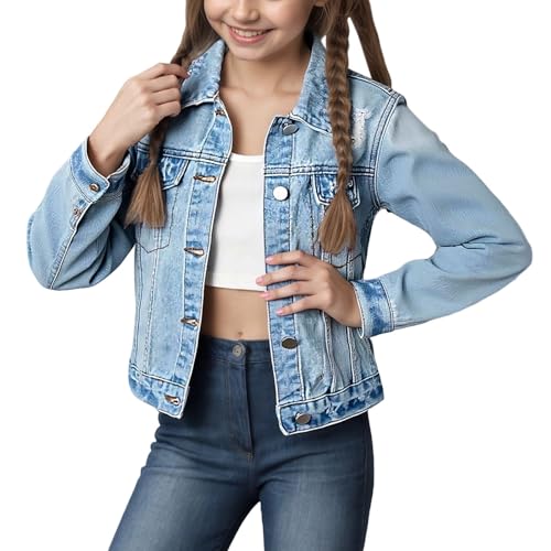 Denim Jacket for Girls Trendy Button Down Collared Long Sleeve Ripped Jackets Tops Coat Outwear Fall Outfits 3-12 Years