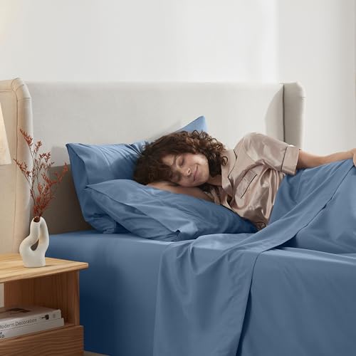 Image of Nestl King Bed Sheet Set - Blue Heaven - 4-Piece Deep Pocket | Instantly Soft, Night-One Ready (No Wash Required). Fits 16-Inch Deep Pockets, 360-Degree Elastic Grip