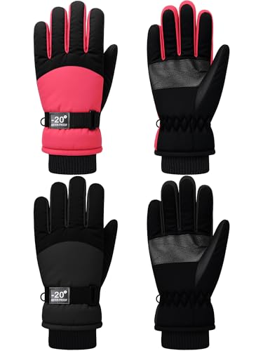 Image of SATINIOR 2 Pairs Kids Waterproof Winter Snow Gloves Ski Gloves for Boy Girl Outdoor Warm Thickening Snowboard