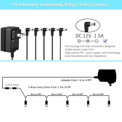 Image of JOYO 12V 1.5A DC Power Supply Adapter for Keyboard, Digital Piano, Guitar Pedals, Mini Amplifier AC Wall Charger Includes 5-Way Daisy Chain Cables & Reverse Polarity Cable (Tip Negative)