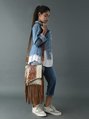 ADYAN Western Brown Hand-Tooled Genuine Leather Cross Body Bag for Women | Handcrafted Floral Tooled Purse With Suede Fringes and Adjustable and Detachable Strap2