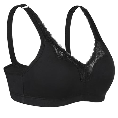Soft Everyday Non Padded Wirefree Lace Floral Bras(Black,50B)
