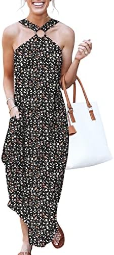ANRABESS Women Summer Halter Neck Sundress Sleeveless Split Side Casual Beach Travel Vacation Maxi Long Dress with Pockets