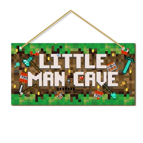 Little Man Cave, Boys Pixel Gaming Room Decor Wooden Door Sign for Gamer Room, Baby Boys Bedroom Wall Decorations for Nursery Toddler Nursery Playroom Wall Art