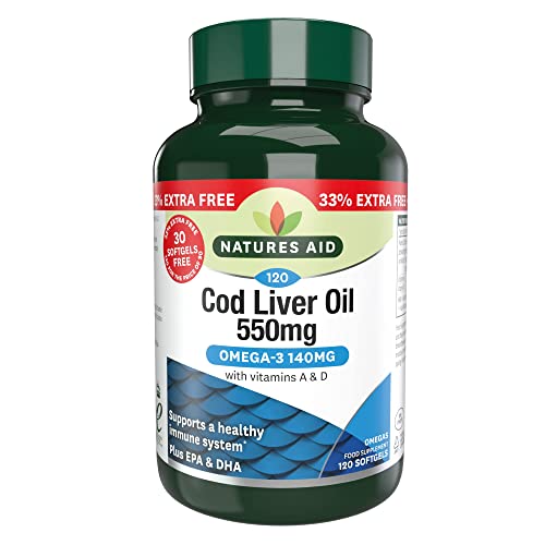 Natures Aid Cod Liver Oil 550mg Softgels – High Strength Omega-3 Fish Oil with Vitamins A, D Plus EPA & DHA – Supports Healthy Immune System Heart Health Brain Vision Joints – Non-GMO – 120 Capsules