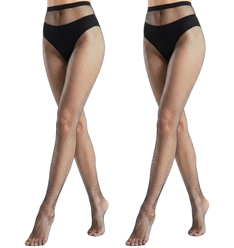 Image of Thrymme 2 Pairs Black Fish Net Tights for Women, Small Mesh High Waist Black Fishnet Tights for Women, Breathable & Comfortable Fit