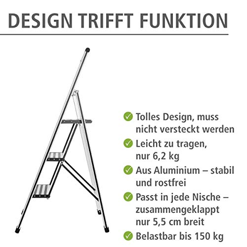 WENKO Leichte Aluminium Trittleiter mit 3 Stufen für 75 cm höheren Stand, rutschsichere XXL-Stufen, Design Klapptrittleiter, TÜV Süd zertifiziert, 44 x 127 x 5,5 cm, Silber matt - Image 4