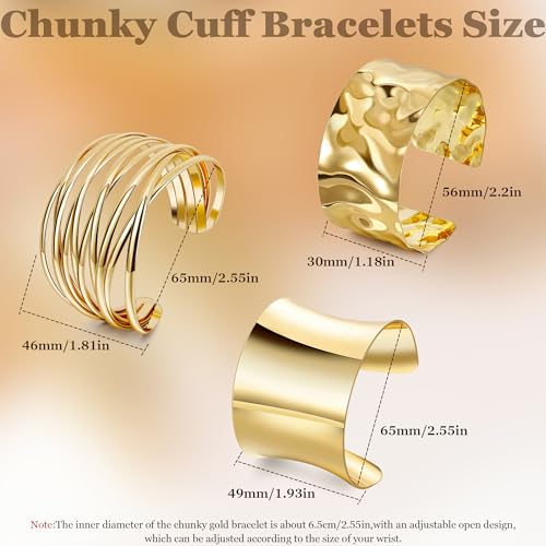 3Pcs Chunky Gold Cuff Bracelets Open Wide Bangle Bracelets Set for Women Minimalist Irregular Bracelet Statement Wrist Cuff Wrap Bracelet Jewelry3