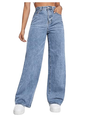 MakeMeChic Women's Wide Leg Jeans Bottoms Zip Fly Button Front Denim Pants with Pocket