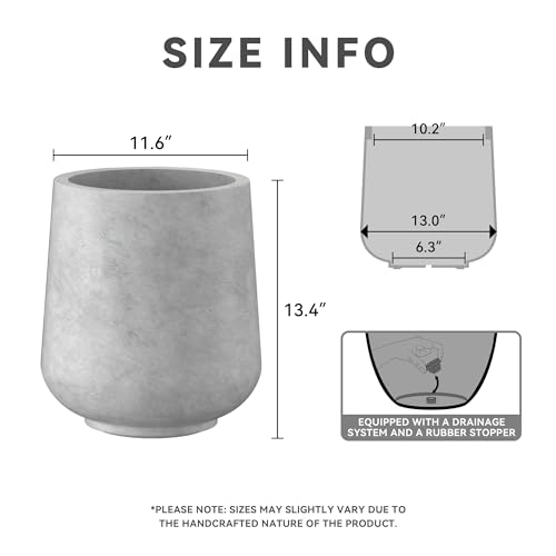 Image of Kante Accent Round Curved Pale Gray Concrete Planter 13 inch Dia, Outdoor | Rubber Plug for Indoor, Drainage for Garden, All-Weather Cement Flower Pot, Handcrafted, Anti-Frost & UV, Modern Home Decor
