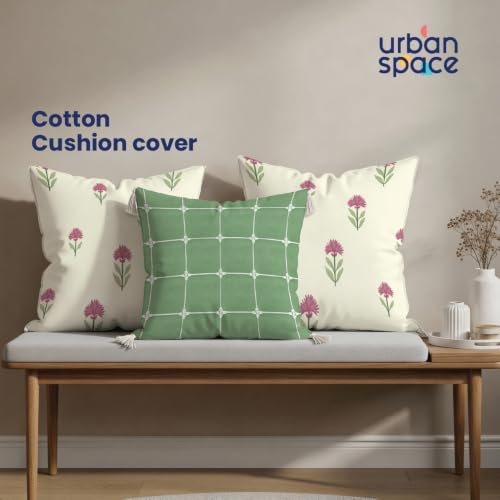 Image of Urban Space Decorative Cotton Cushion Cover Set of 3, 16 Inch X 16 Inch Cushion Covers for Sofa, Bedroom, Living Room (Aster Pink + Aura Checks sage Green with White Tassel, 40Cm X 40Cm, Set of 3)