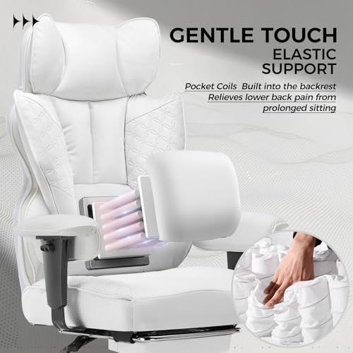 COMHOMA Big and Tall Office Chair 400LBS Wide Ergonomic Gaming Chair with Deluxe Embossing Designed Leather with Foot Rest,150°Reclining Adjustable Armrests Pocket Spring Back Support and Pillow