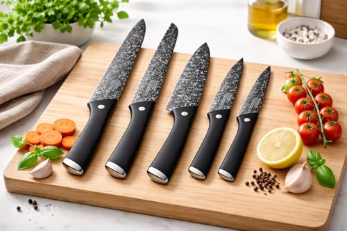 Genérico Set Cuchillos Cocina 5 Piezas Negro – Cuchillo Chef, Pan, Carne y Verduras, Antiadherente, Acero Inoxidable, Mango Cómodo
