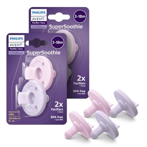 Image of Philips Avent Soothie Orthodontic Baby Pacifiers, 100% Silicone Pacifiers, One Piece, BPA-Free, for Babies 3-18 Months, 2 Lilac and 2 Pink, 4 Pack, Model SCF192/70