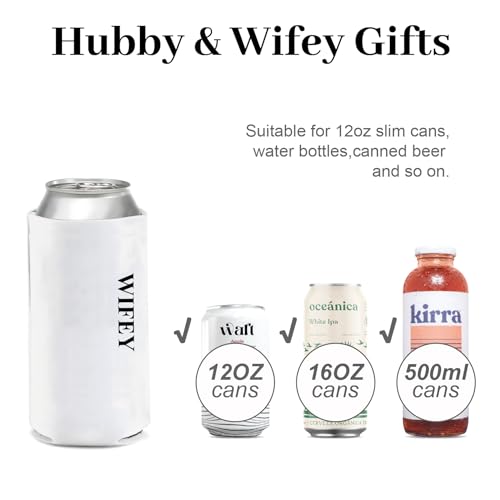 Image of PartyGifts&beyond Honeymoon Essentials Hubby and Wifey Gifts Slim Can Coolers Wedding Can Coolers Engagement Gifts for Couples(HW-TR)