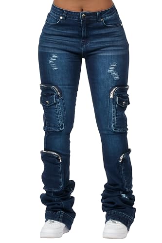 ROCKSTAR ORIGINAL Womens Alisson Dark Wash Cargo Super Stacked Jean | Size: Medium