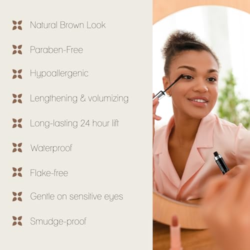 Poppy Austin Organic Mascara, Natural, Vegan, Paraben-Free, Cruelty-Free - Hypoallergenic Mascara Lengthening & Volumizing with Argan Oil - 0.31 Fl Oz (Brown)