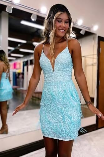 Sparkly Sequin Homecoming Dresses with Tassel for Teens Spaghetti Straps V Neck Short Prom Dresses Backless4
