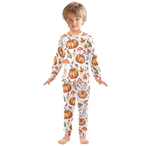 Fustylead Watercolor Fall Pumpkin Maple Leaves Mushroom Cotton Pajamas Long Sleeve Sleepwear Lounge Set3