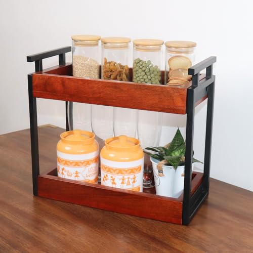 Image of Premium WoodMet Multipurpose kitchen wooden Rack |Iron Countertop Racks |Living Area Versatile Storage Shelf with 2 Compartments |Spice Rack Organizer|Makeup rack |Office shelf