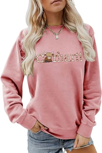 Highland Cow Sweatshirt Womens Cow Print Sweatshirt Country Western Pullover Tops highland Cow Lover Gift (Rose gold Large)