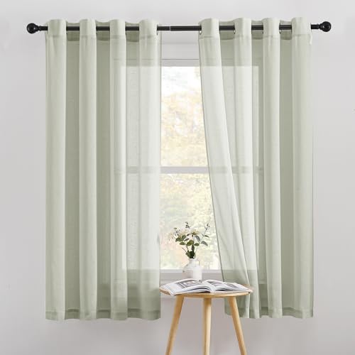 PONY DANCE Cortinas de Lino Semi-Translucidas, Visillos Cortos con Ojales para Cocina/Comedor/Dormitorio 2 Piezas,140x160cm,Verde Salvia