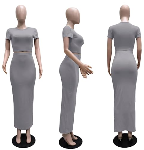 Image of Two Piece Skirt Set for Women 2 PC Y2K Outfits Short Sleeve Crop Tops Bodycon High Waist Long Maxi Skirts