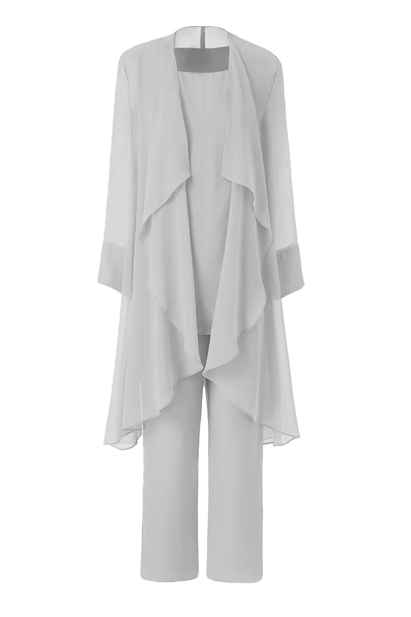 Leader Of The Beauty Women's Silver Mother Of The Bride Pant Suits 3 Pieces Chiffon Outfit Sets For Wedding Pant Suit With Jacket