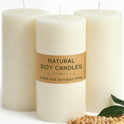 White Soy Pillar Candles,3 Pack,2.8 x 6 Inch,Unscented,85-Hour Burn