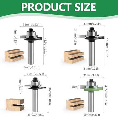Fräser für Oberfräse, 4 Stück ScheibennutfräSer für Oberfräse Nutfräser 8mm Schaft Feder Fräser Set mit Kugellagern Werkzeuge für Holzbearbeitung 2mm, 3mm, 4mm, 5mm