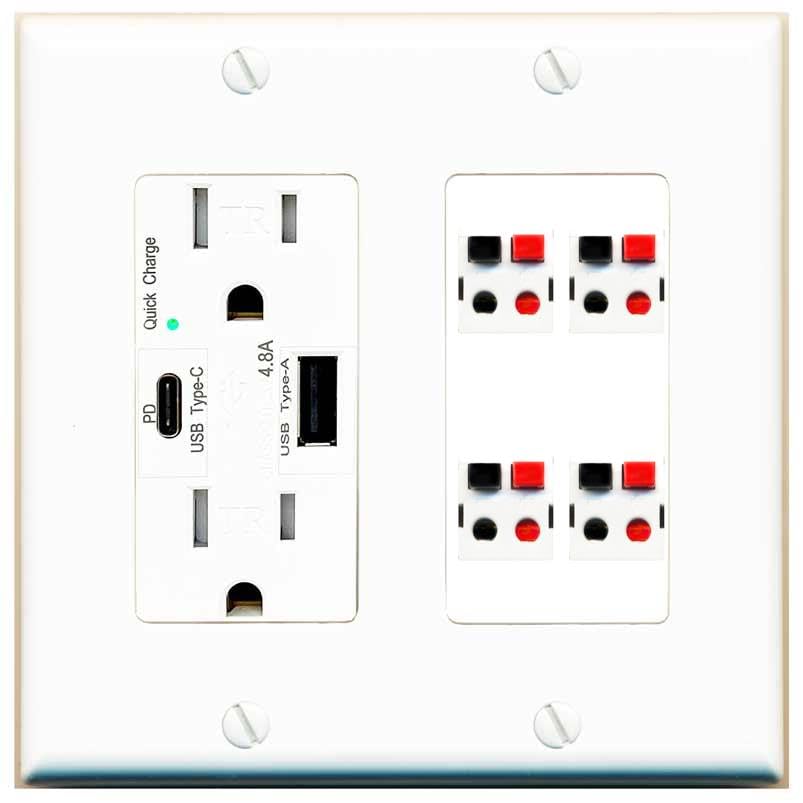 RiteAV 4 Port Speaker Wire Plug Jack Wall Plate - USB A+C Outlet [Red/White]