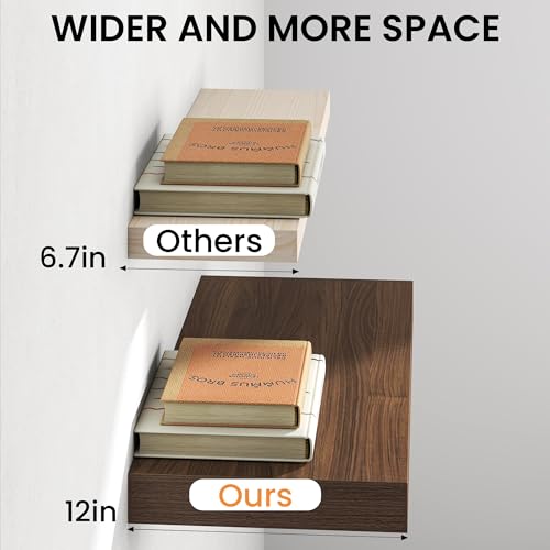 Image of Fun Memories 12 Inch Deep Walnut Floating Shelf, 24 x 12 Rustic Wood Wall Shelf for Books, 2 inch Thick Deep Floating Shelf for Storage & Display in Kitchen, Living Room, Bedroom, 2 Packs