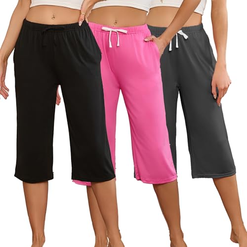 Image of U2SKIIN 3 Pack Womens Pajama Pants Capri Lounge with Pockets Comfy Drawstring Pj Bottoms Casual Summer Sleep