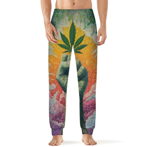 Psychedelic Weed Leaf Strong Fist Men's Pajama Pants Lounge Pant Sleepwear PJ Bottoms