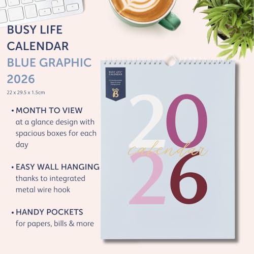 Busy B 2026 Busy Life Wall Calendar - Jan to Dec - Blue Graphic 2026 Calendar - with Month to View, 12 Monthly Storage Pockets, Space for Notes, To Do's & Hanging Hook