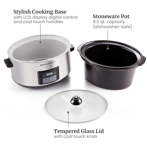 Elite Gourmet MST-900D 8.5Qt Digital Programmable XL Jumbo Slow Cooker, Adjustable Temp, Entrees, Sauces, Stews & Dips, Dishwasher Safe Glass Lid & Crock, Stainless Steel