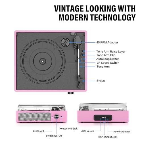 Image of Vinyl Record Player with 2 Stereo Speakers Belt-Driven Vintage Turntables 3 Speed 3 Size Wireless Bluetooth Playback AUX-in RCA Out Headphone LP Vinyl Players Auto Stop Pale Pink