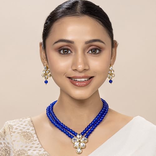 Image of Peora Crystal Faux Pearl Kundan Necklace & Jewellery Set Gift for Women