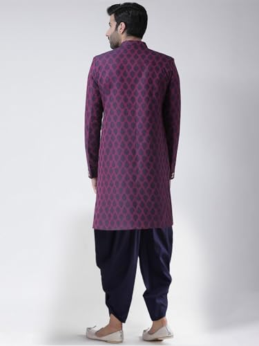 Kisah Men's Indo-Western Sherwani Dhoti Set, Purple Jacquard Woven Regular Fit Mandarin Collar Full Sleeves (S)
